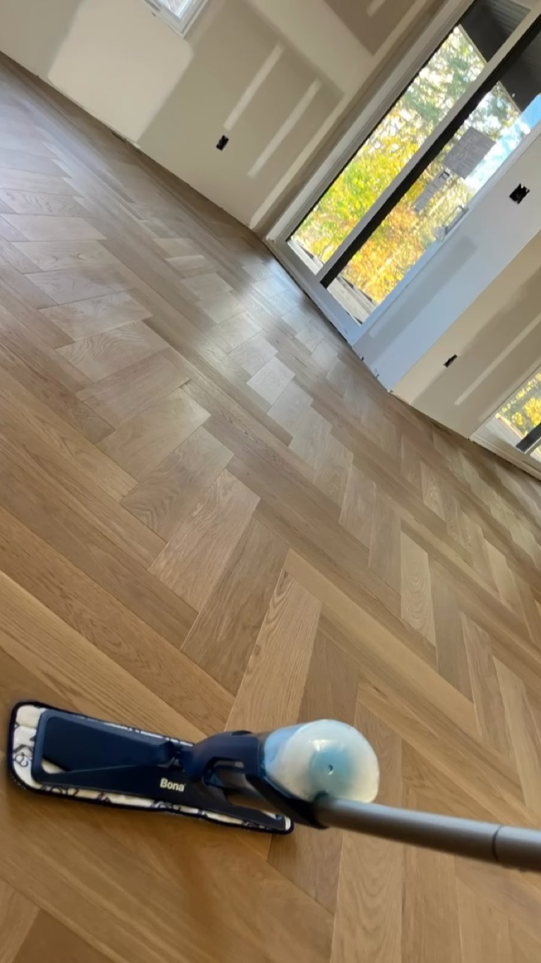 Engineered herringbone hardwood floor project in an Ottawa home